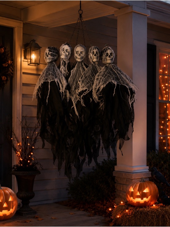 Other - Hanging Five-Skull Halloween Ghost Bunch - Black & White